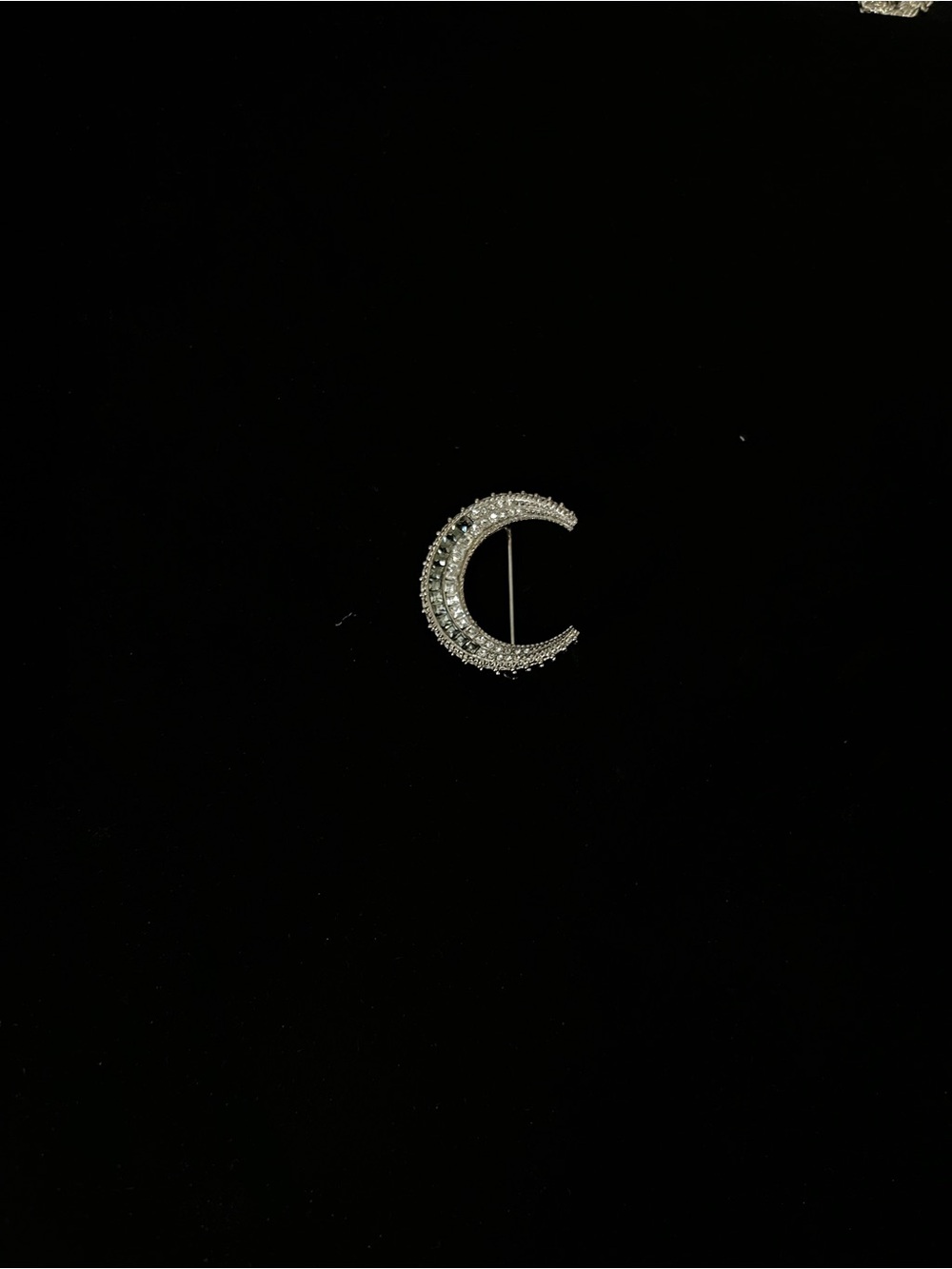 Chanel Silver Crescent Moon Brooch with Crystals